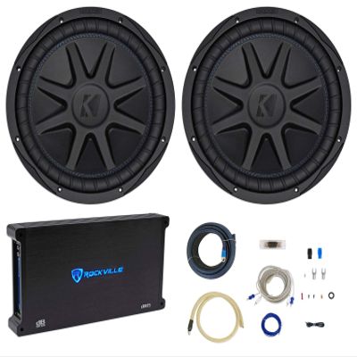 KICKER (2) 44CVX122 Comp VX CVX 12" 1500 Watt Car Sub Bundle with Rockville dB15 6000 Watt Peak/1500w RMS Mono 2 Ohm Car Audio Amp and RWK01 0 Gauge Complete Car Amp Wire Kit w/RCA's (4 Items)