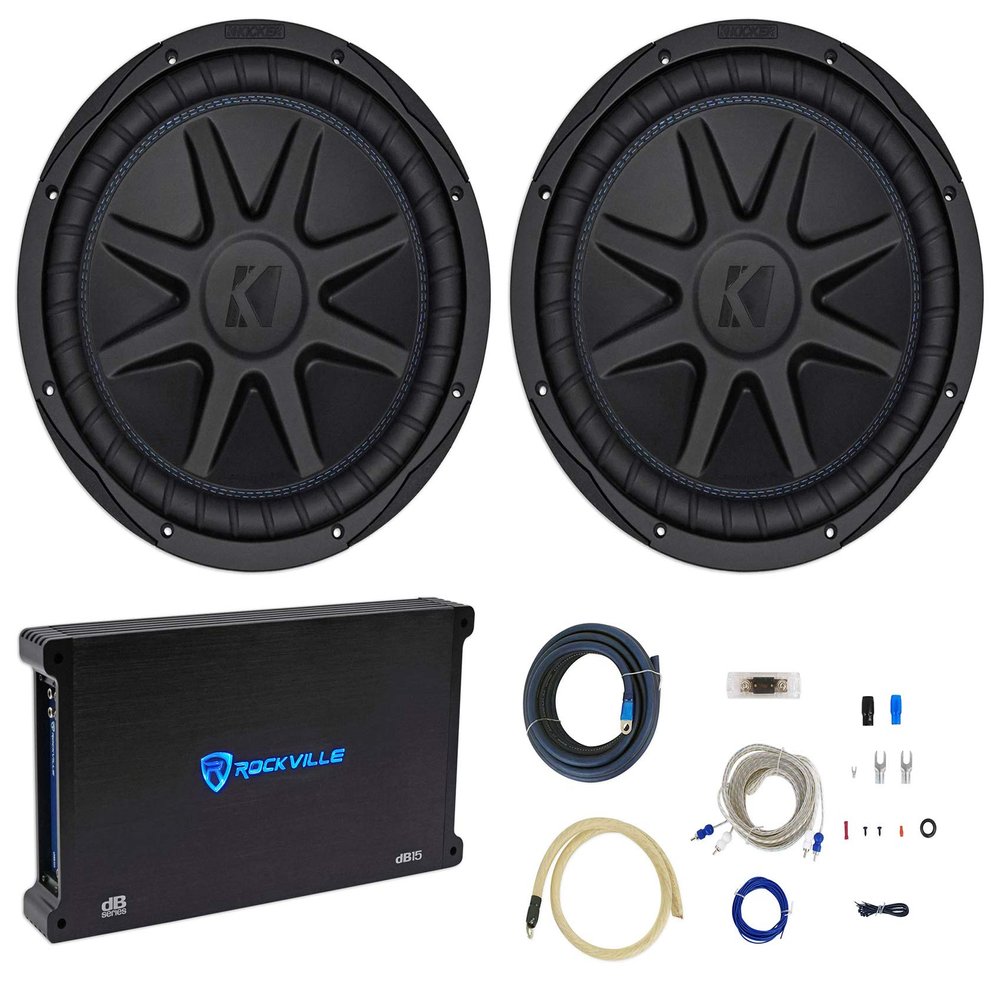 KICKER (2) 44CVX122 Comp VX CVX 12" 1500 Watt Car Sub Bundle with Rockville dB15 6000 Watt Peak/1500w RMS Mono 2 Ohm Car Audio Amp and RWK01 0 Gauge Complete Car Amp Wire Kit w/RCA's (4 Items)