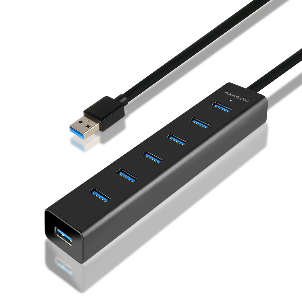 AXAGON HUE-SA7BP Active/Passive USB 3.0 Hub with 7 USB Ports, 40 cm Cable, Includes Power Supply, 5 V/2 A, Ideal for Desk and Office