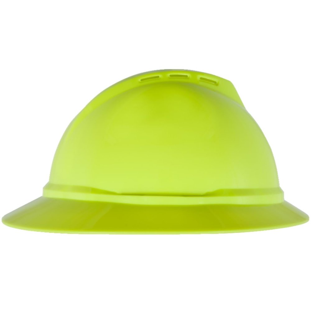MSA 10168461 V-Gard 500 Full-Brim Hard Hat With 6-Point Fas-Trac III Ratchet Suspension | Polyethylene Shell, Impact Protection, Self Adjusting Crown Straps - Standard Size in Hi-Viz Yellow-Green
