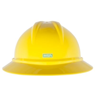 MSA 10167952 V-Gard 500 Full-Brim Hard Hat With 6-Point Fas-Trac III Ratchet Suspension | Polyethylene Shell, Superior Impact Protection, Self Adjusting Crown Straps - Standard Size in Yellow