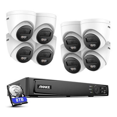 ANNKE 8MP Wired PoE Security Camera System Outdoor, 8pcs 4K PoE Turret Cameras with Mic, 8CH NVR with 8TB HDD for 24/7 Recording, Color Night Vision, IP67 Waterproof, Motion Detection