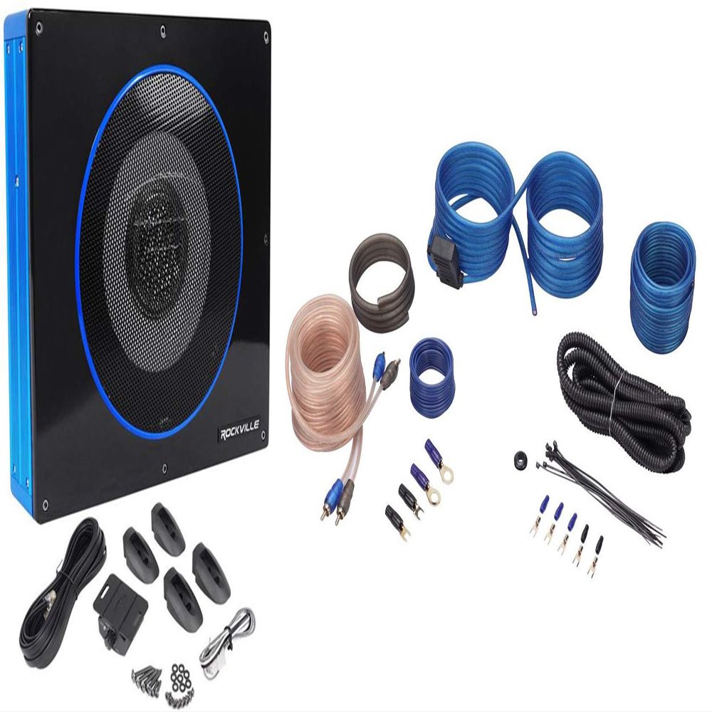 Rockville RW8CA Bundle: 8 in 600-Watt Low Profile Under-Seat Powered Car Subwoofer, RWK10 10-Gauge Complete Amplifier Installation Kit with 100% Copper RCA and ANL Fuse Holder, 2-Items