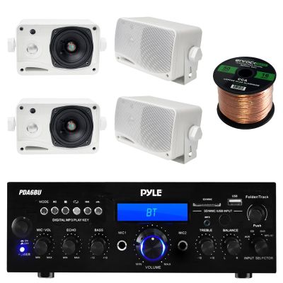 Pyle PDA6BU 200-Watt Bluetooth Home Stereo Receiver, 4X Pyle 3.5'' 200 Watt 3-Way Weather Proof Mini Box Speaker System (White), Enrock Audio 16-Gauge 50 Foot Speaker Wire