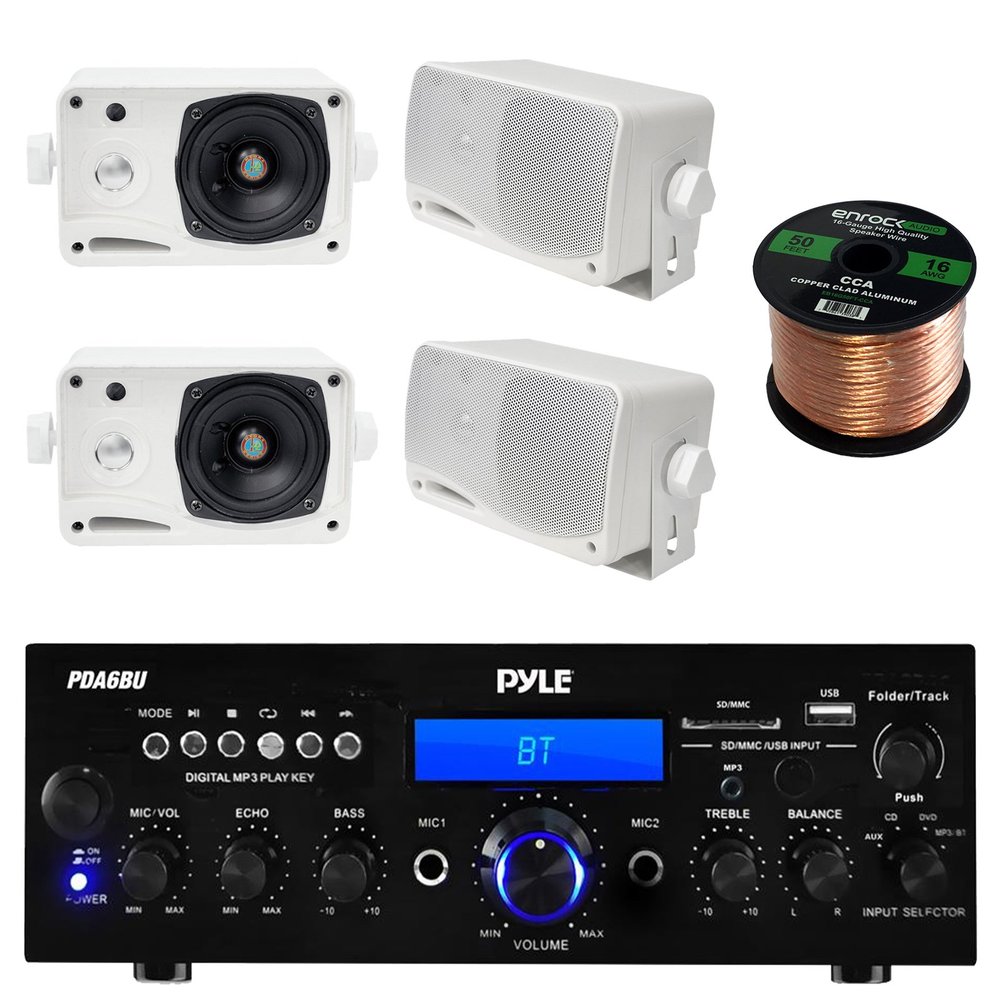 Pyle PDA6BU 200-Watt Bluetooth Home Stereo Receiver, 4X Pyle 3.5'' 200 Watt 3-Way Weather Proof Mini Box Speaker System (White), Enrock Audio 16-Gauge 50 Foot Speaker Wire