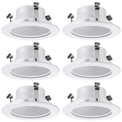 4 Inch Light White Stepped Baffle Trim - for 4" Recessed Can, Fits Halo/Juno Remodel Housing, Four Bros Lighting SB4/WHT, 6 Pack (White)