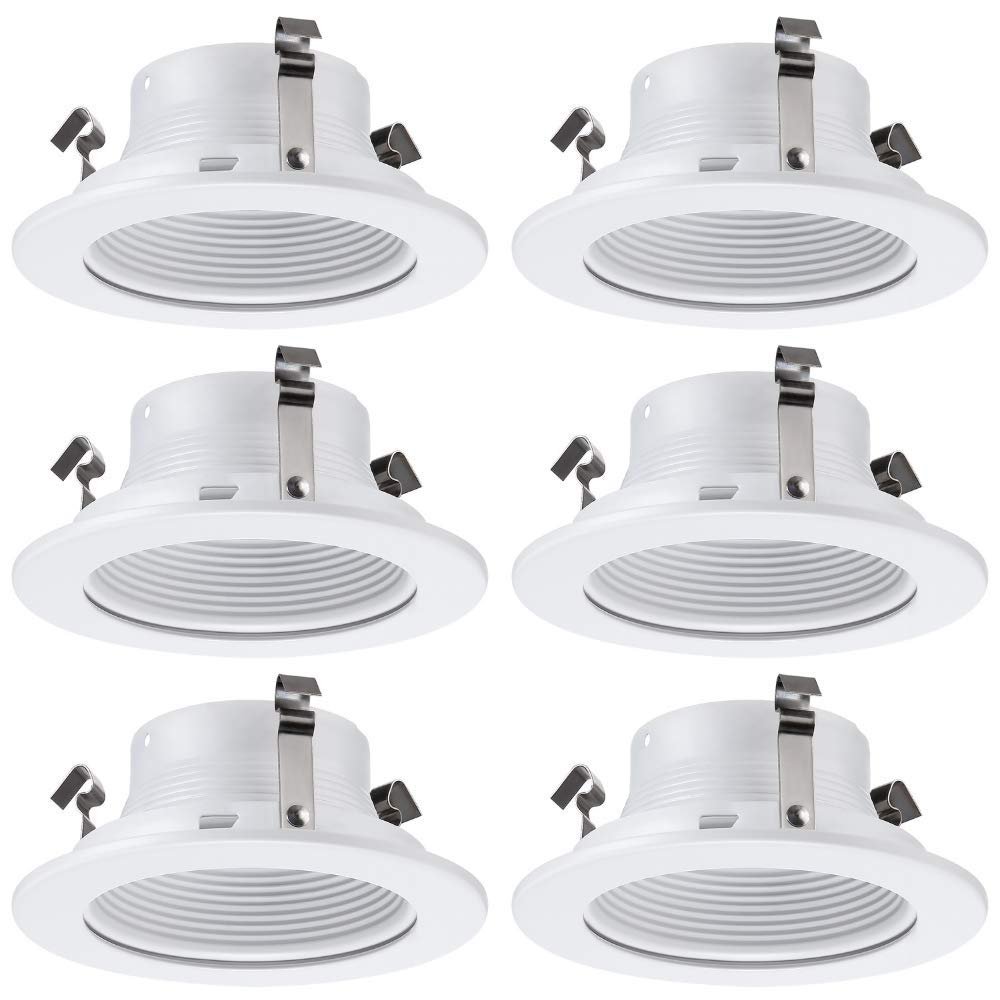 4 Inch Light White Stepped Baffle Trim - for 4" Recessed Can, Fits Halo/Juno Remodel Housing, Four Bros Lighting SB4/WHT, 6 Pack (White)