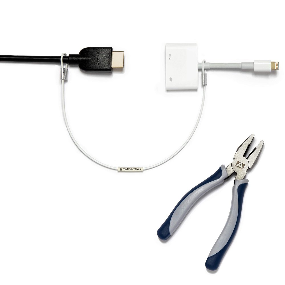 TetherTies Patented Pre-Assembled Adapter Ties - Anti-Theft Cable Locks for Tools, Dongles, Tethers, Computer adapters. Steel Cable, Security Lock, Easy Installation with Free Crimping Tool