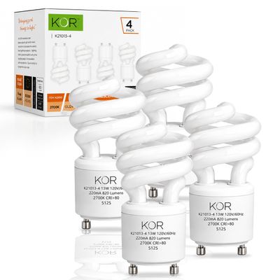 KOR 4-Pack 13W GU24 Base CFL Light Bulbs, 60W Equivalent, Warm White 2700K