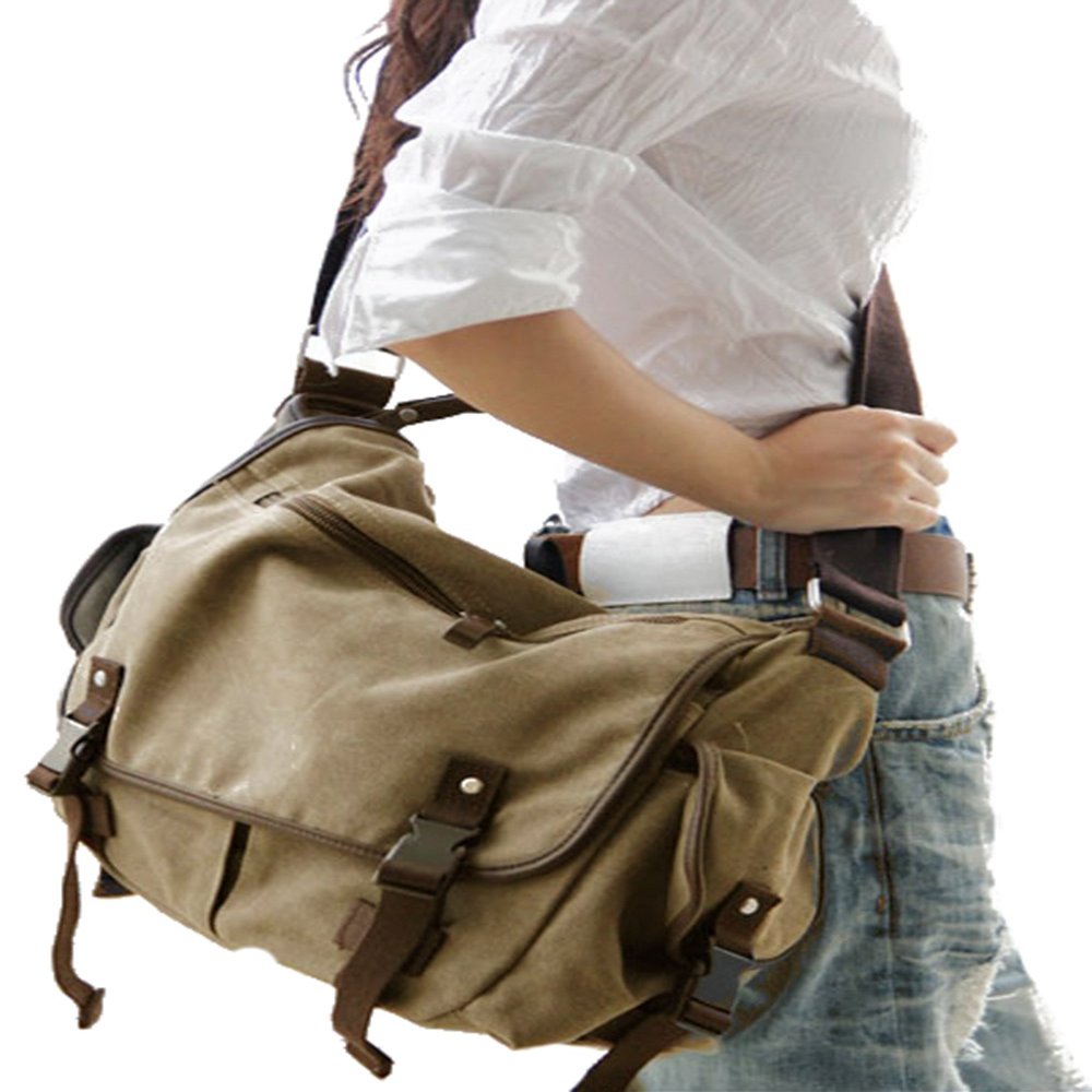 [Upgraded] Vintage Canvas Messenger Bag 13 15.6 17 inches Large Book Laptop Shoulder Bag Women Men New (Beige, Medium)