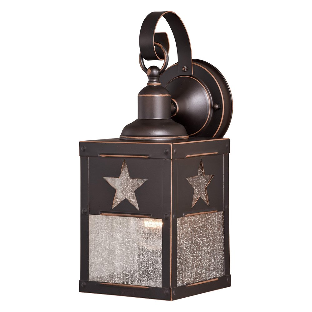 VAXCEL Ranger 13 in. H 1-Light Burnished Bronze Rustic Star Outdoor Wall Sconce Made of Durable Steel, Clear Seeded Glass Shade, LED Compatible, Use for Exterior Porch Patio Front Door or Garage