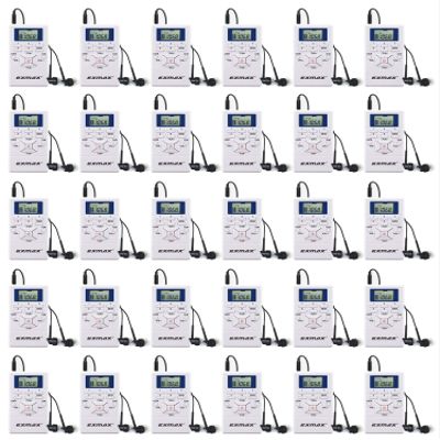 EXMAX E108 Wireless Portable Pocket DSP FM Stereo Radio Digital Receiver with Mini LCD Clock Earphone for Tour Guide System Teaching Meeting - 30 Pack (White)