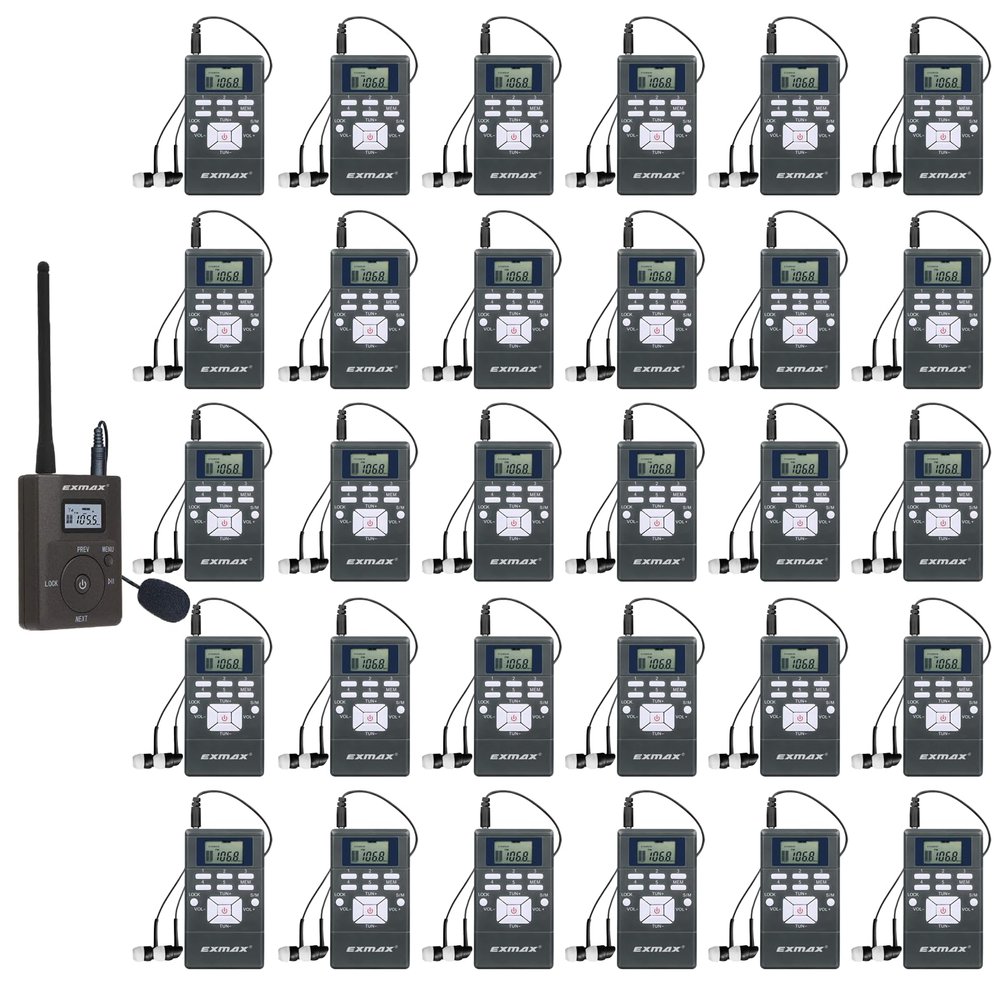 EXMAX EXG-108 Live Translator Device Wireless Microphone FM Radio Broadcast System for Social Distancing Tour Guide Teaching Meeting Training Church Parking Lot 1 Transmitter & 30 Receivers (Gray)