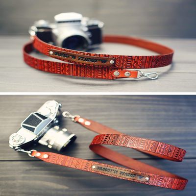 Custom Leather Camera Strap, Handmade personalized gift, DSLR camera strap, Custom name initials, GPS coordinates, Aztec