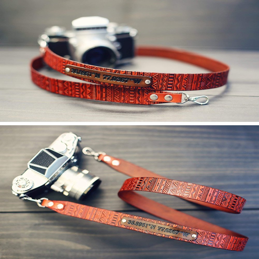 Custom Leather Camera Strap, Handmade personalized gift, DSLR camera strap, Custom name initials, GPS coordinates, Aztec