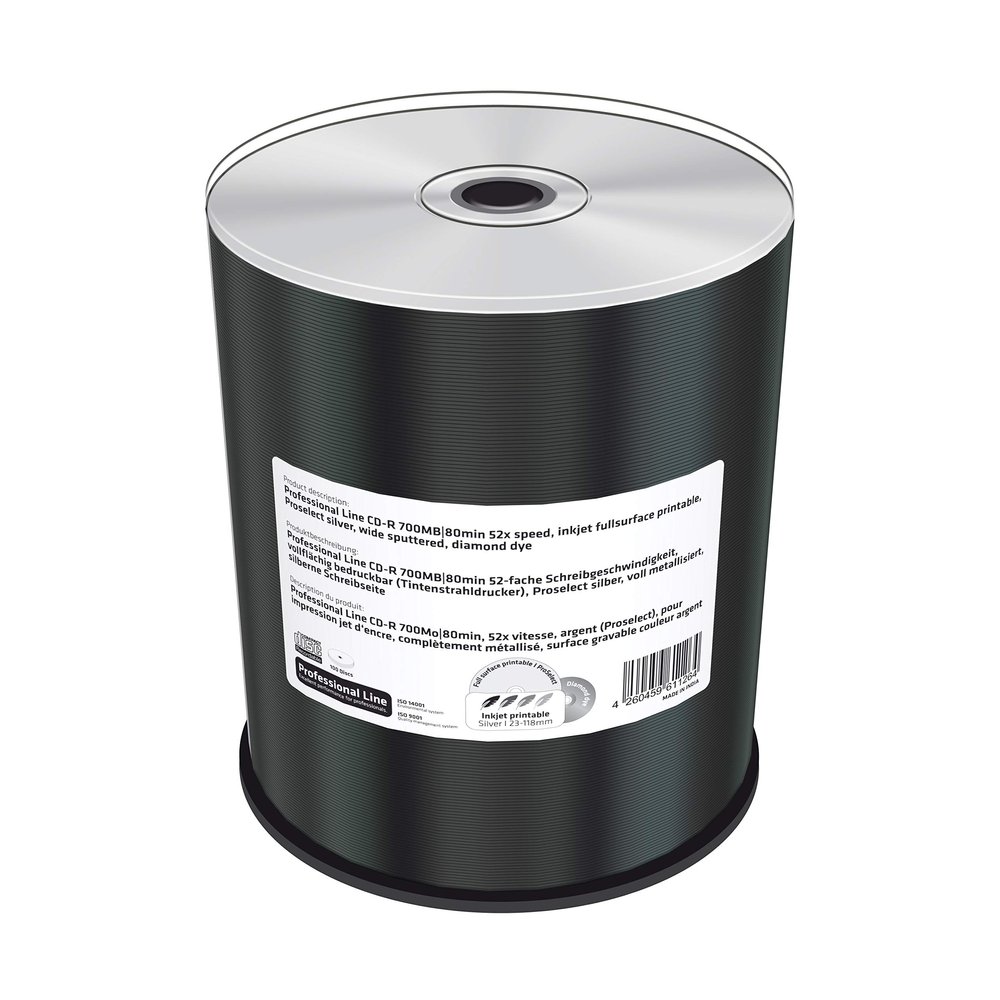 Professional Line CD-R 700Mb|80min 52x Write Speed, Full Surface Printable (Inkjet Printer), Silver, Fully Metallised, Silver Writing Page, 100 Cake Box