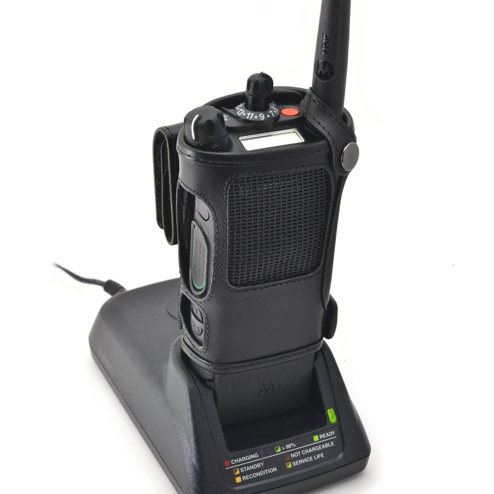 Turtleback Carry Holder for Motorola APX 8000 Fire and Police Two Way Radio Belt Clip Holster Case, Black Leather Pouch with Heavy Duty Rotating Ratcheting 2.25" Belt Loop