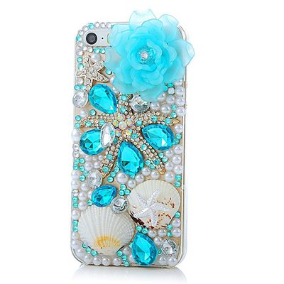 STENES Bling Phone Case Compatible with iPod Touch Case - 3D Handmade Sparkly Crystal Design Bling Cover Hybrid Drop Bumper Protection Case - Pretty Blue Rose Crystal Starfish Shell