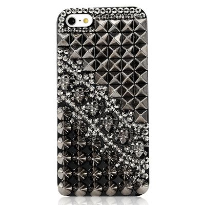 STENES Bling Phone Case Compatible with iPod Touch Case - 3D Handmade Sparkly Crystal Design Bling Cover Hybrid Drop Bumper Protection Case - Punk Silver Skull Rivet/Black