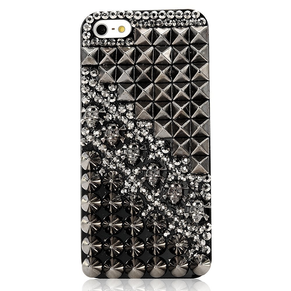 STENES Bling Phone Case Compatible with iPod Touch Case - 3D Handmade Sparkly Crystal Design Bling Cover Hybrid Drop Bumper Protection Case - Punk Silver Skull Rivet/Black