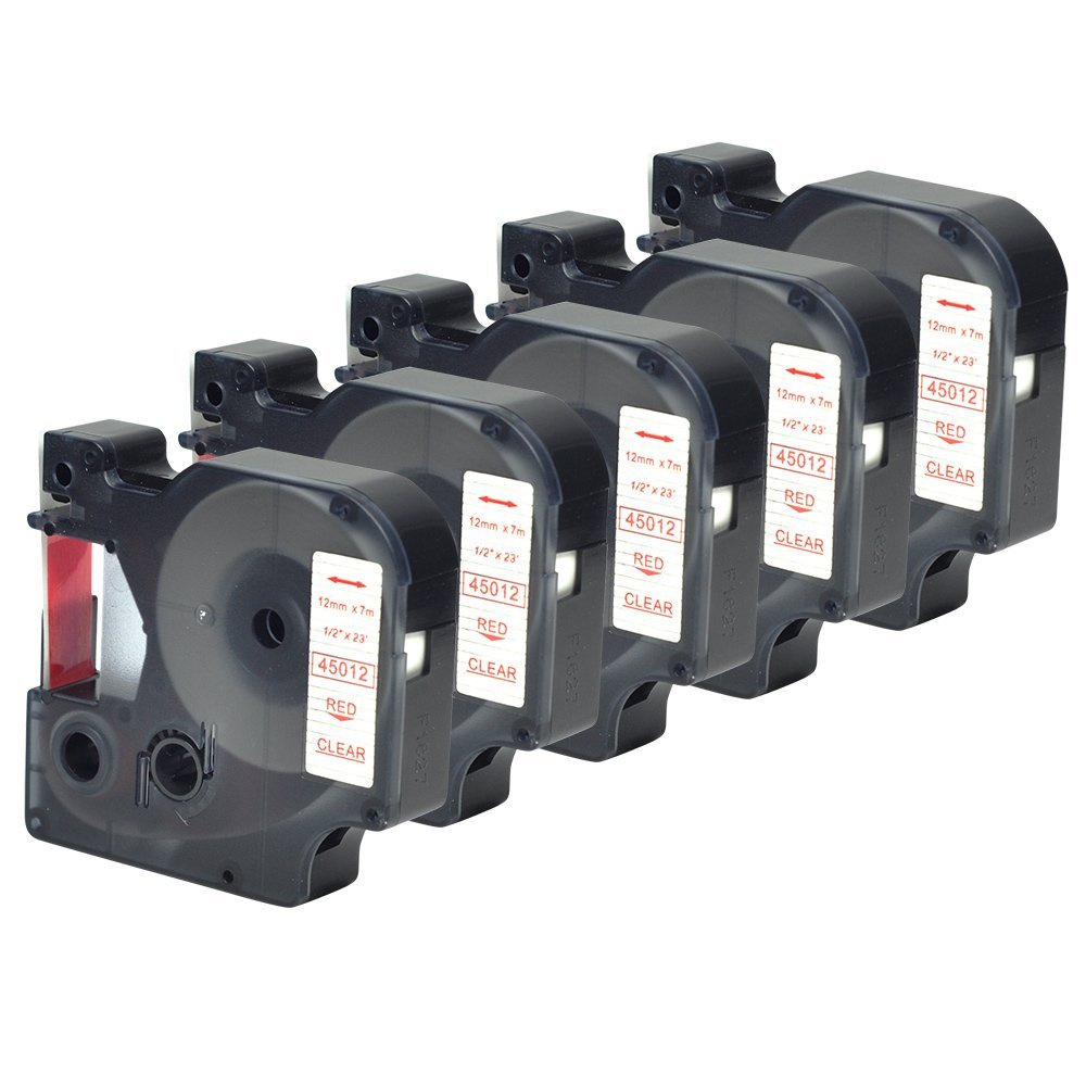 5PK Compatible with Dymo Standard D1 45012 Red on Clear Label Maker Tape Compatible for LabelManager 160 450 210D PnP 420P(1/2" x23' 12mmx7m)