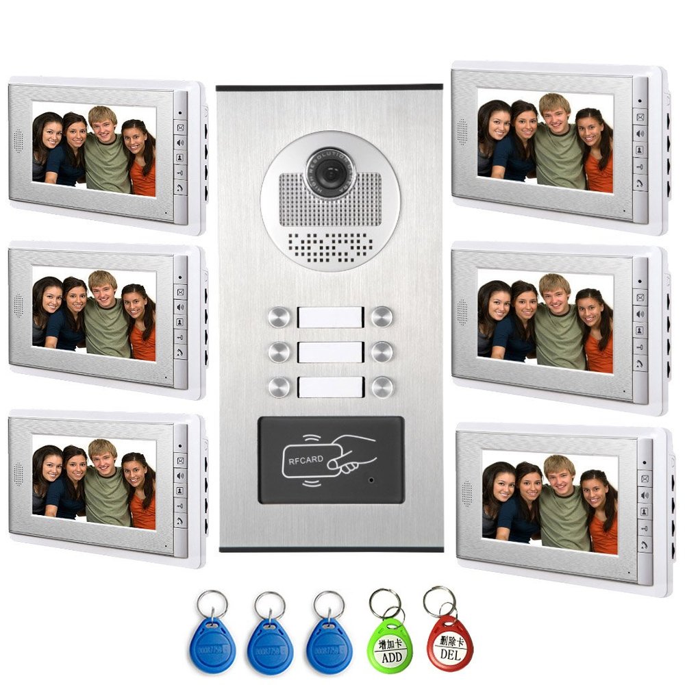 AMOCAM Video Intercom Entry System, Wired 7" LCD Monitor Video Door Phone Kits for 6 Units Apartment, Support Monitoring, Unlock, Dual Way Door Intercom, ID Keyfob Unlock,New
