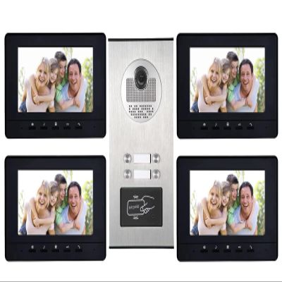 AMOCAM 4 Units Apartment Intercom System, Video Intercom Video Door Phone Kit, HD Camera 7" Monitor with ID keyfobs Unlock for 4 Household