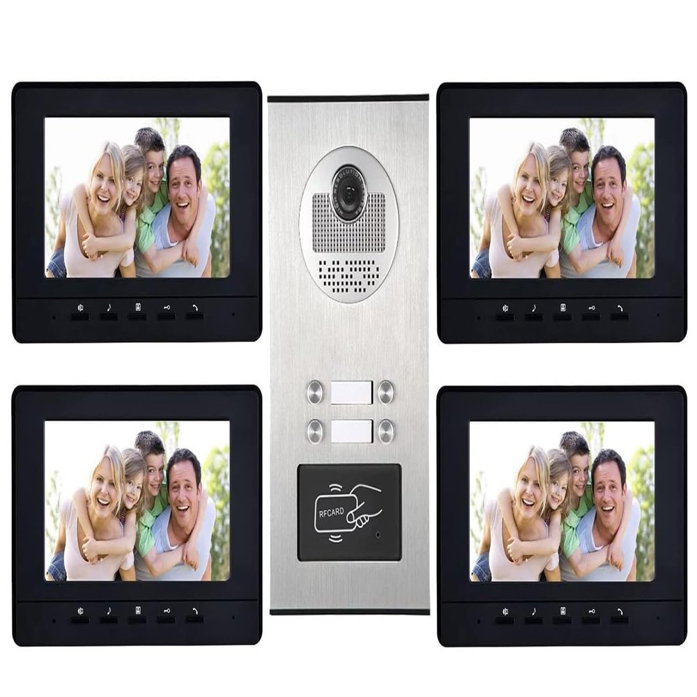 AMOCAM 4 Units Apartment Intercom System, Video Intercom Video Door Phone Kit, HD Camera 7" Monitor with ID keyfobs Unlock for 4 Household