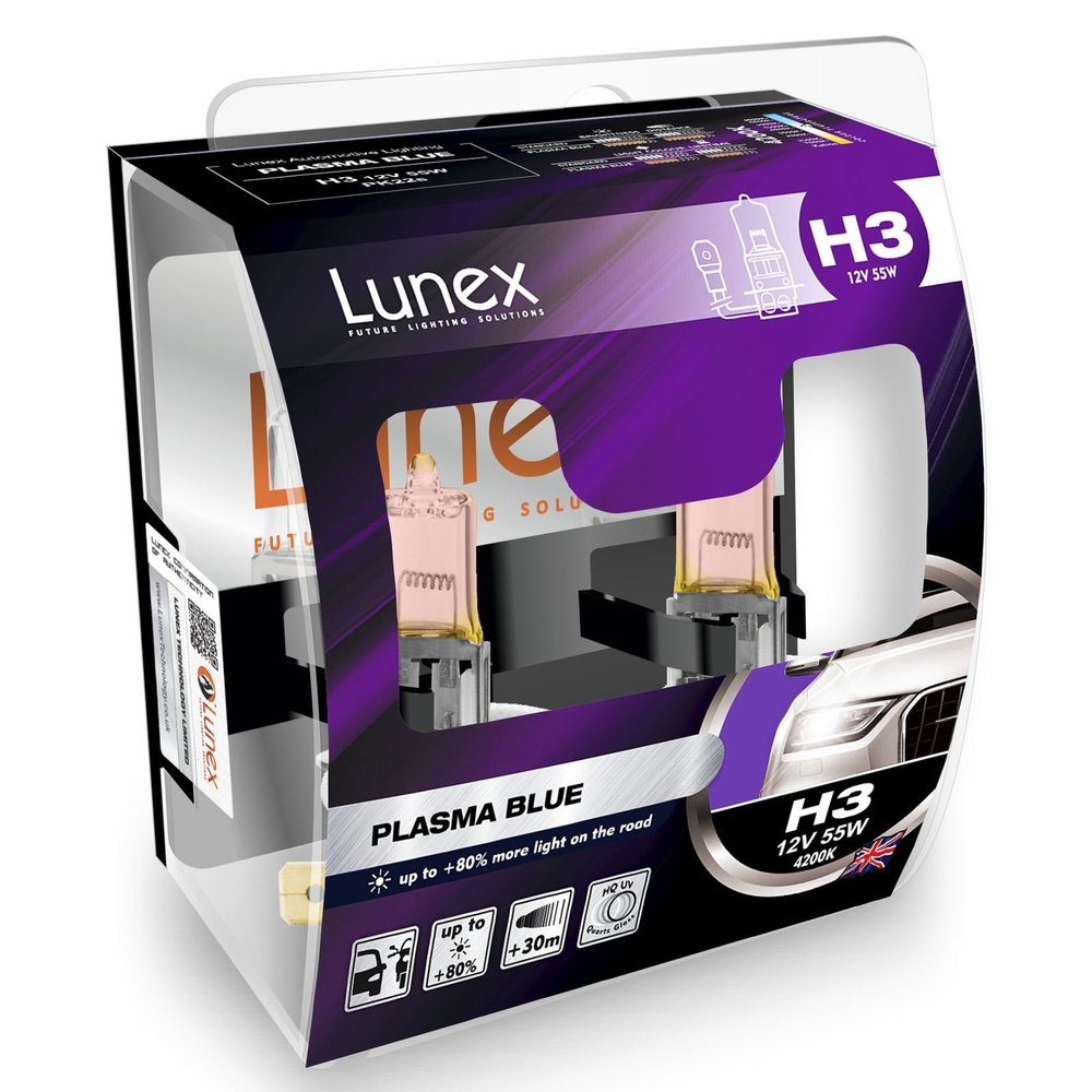 LUNEX H3 453 Plasma Blue Headlight Halogen Bulbs 12V 55W PK22s Xenon Look 4200K duobox (2 Units)