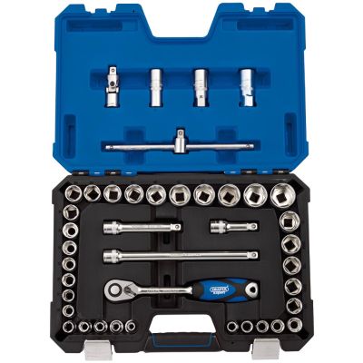 Draper 16453 1/2-Inch Square Drive Combined MM/AF Micro Satin Chrome 41 Piece Socket Set, Blue