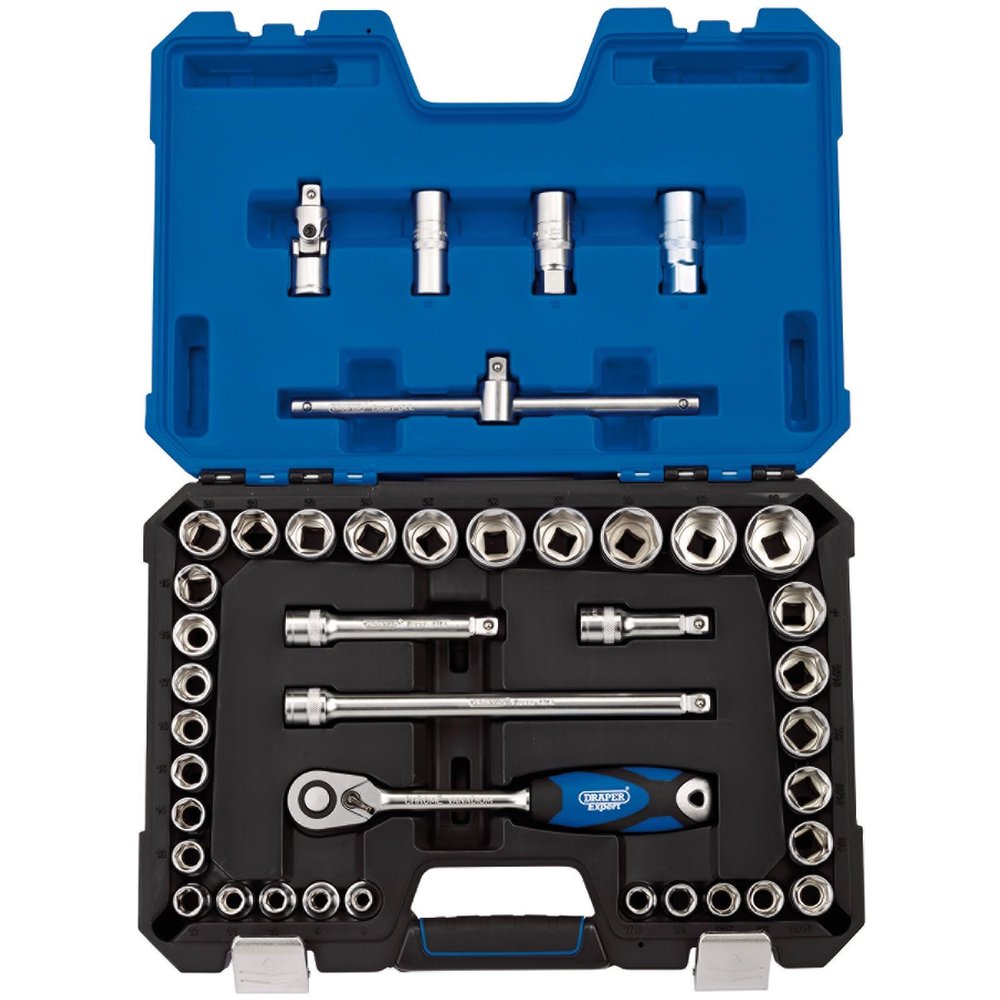 Draper 16453 1/2-Inch Square Drive Combined MM/AF Micro Satin Chrome 41 Piece Socket Set, Blue