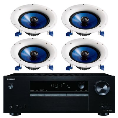 Onkyo 5.2 Channel Full 4K Bluetooth AV Home Theater Receiver + Yamaha Natural High-Performance Moisture Resistant 2-Way 110 watts Surround Sound in-Ceiling Speaker System (Set of 4)