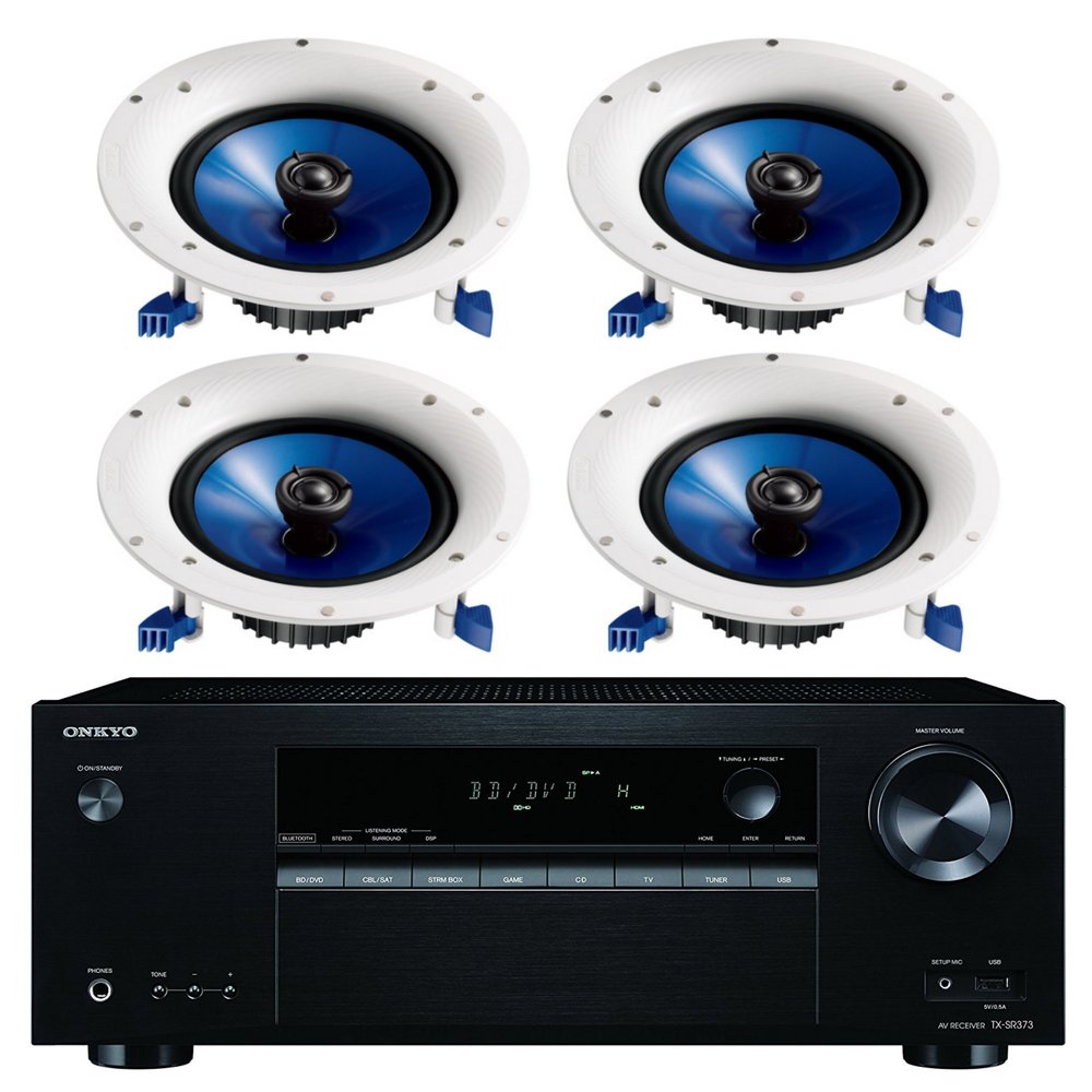Onkyo 5.2 Channel Full 4K Bluetooth AV Home Theater Receiver + Yamaha Natural High-Performance Moisture Resistant 2-Way 110 watts Surround Sound in-Ceiling Speaker System (Set of 4)