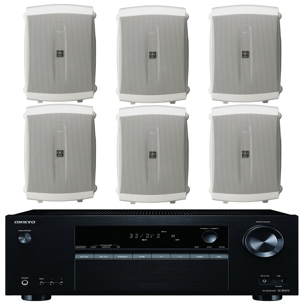 Onkyo 5.2 Channel Full 4K Bluetooth AV Home Theater Receiver + Yamaha High-Performance Natural Surround Sound 2-Way Indoor/Outdoor Weatherproof Speaker System (Set of 6)