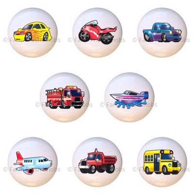 SET OF 8 KNOBS - Transportation Kids Room - DECORATIVE Glossy CERAMIC Cupboard Cabinet PULLS Dresser Drawer KNOBS