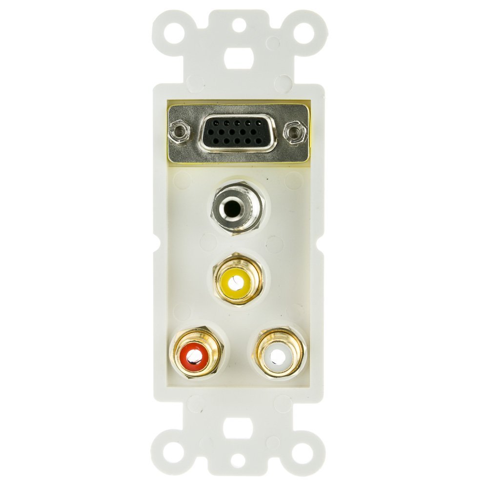 ACL Decora with 1 VGA, 3.5mm Stereo and 3 RCA (Red/White/Yellow) Female Couplers Wall Plate Insert, White, 1 Pack