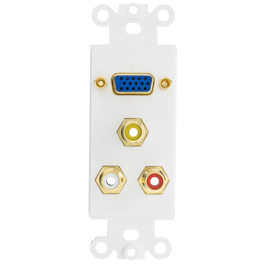 ACL Decora 1 VGA Coupler and 3 RCA Couplers (Red/White/Yellow), HD15 Female and RCA Female Wall Plate Insert, White, 1 Pack