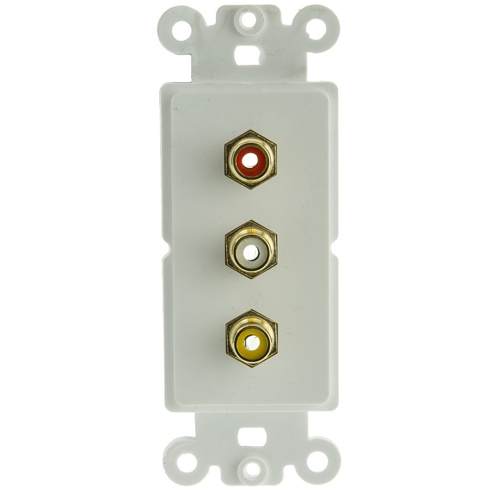 ACL Decora 3 RCA Couplers (Red/White/Yellow), RCA Female Wall Plate Insert, White, 3 Pack