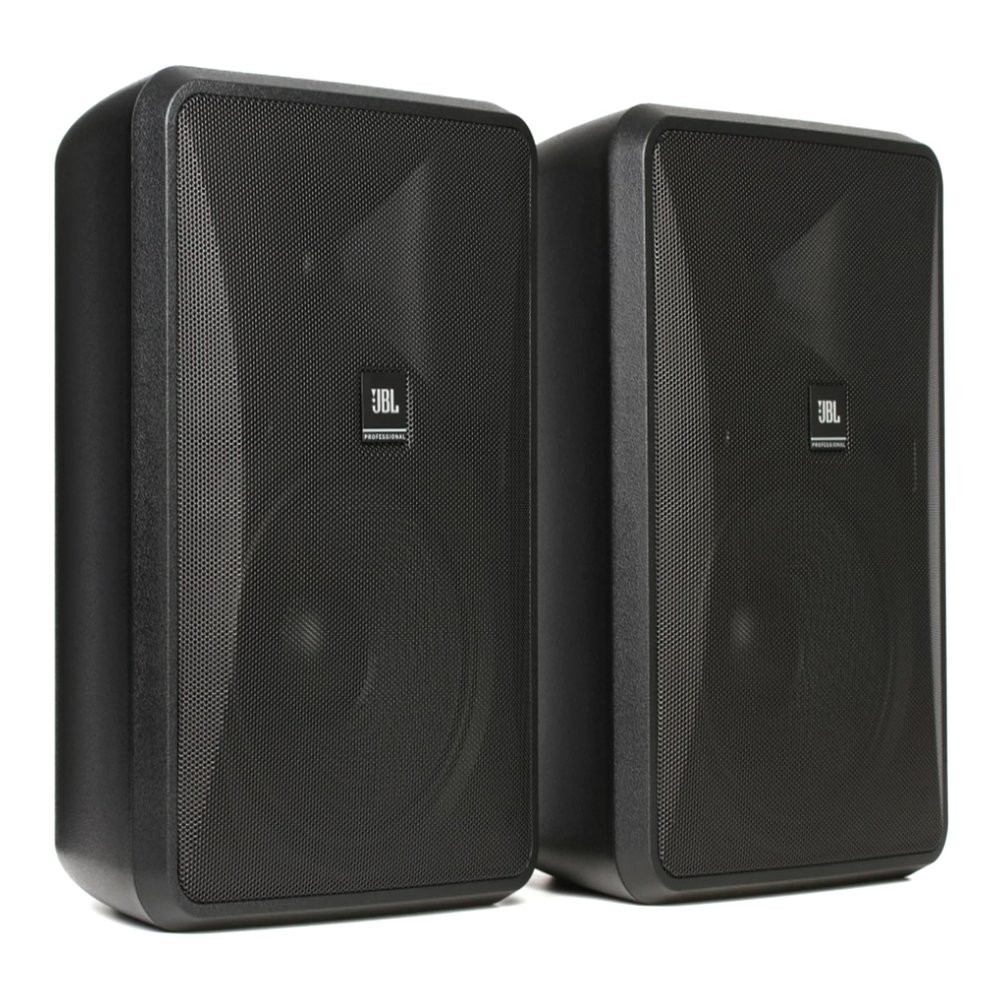 JBL Professional Control 28-1L indoor, outdoor speaker, landscape, broad coverage, 8 inch woofer, 120 watt direct 8 setting, background, foreground, weatherproof. Sold as a Pair. Black
