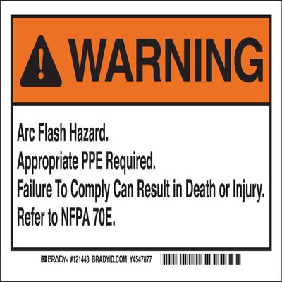 Brady Arc Flash Labels, Adhesive, Vinyl, 5" x 7" x 0.004", Black/Orange On White (Pack of 5)