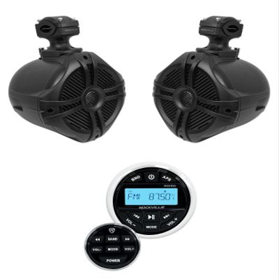 Rockville RGHR2 Bundle: 1 Marine Gauge Hole Receiver w/Bluetooth, USB, AM/FM + (1) Pair RWB70B 6.5" Marine Wakeboard 360 Swivel Tower Speakers, Waterproof, 2-Piece