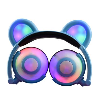 4 Modes LED Music Lights Earphone Gaming Foldable Bear Ear Rechargeable Headset (Blue)