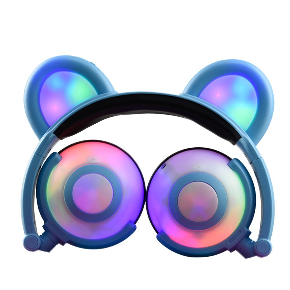 4 Modes LED Music Lights Earphone Gaming Foldable Bear Ear Rechargeable Headset (Blue)