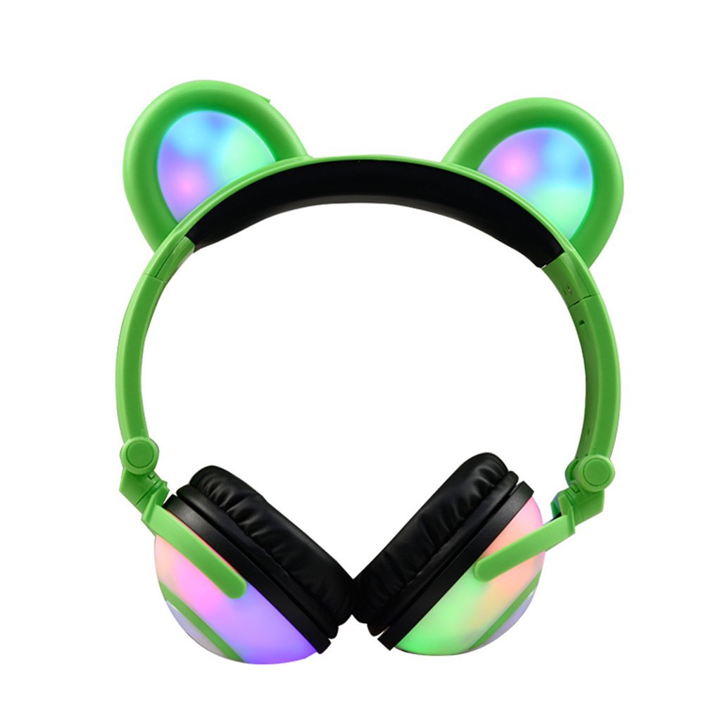 4 Modes LED Music Lights Earphone Gaming Foldable Bear Ear Rechargeable Headset (Green)