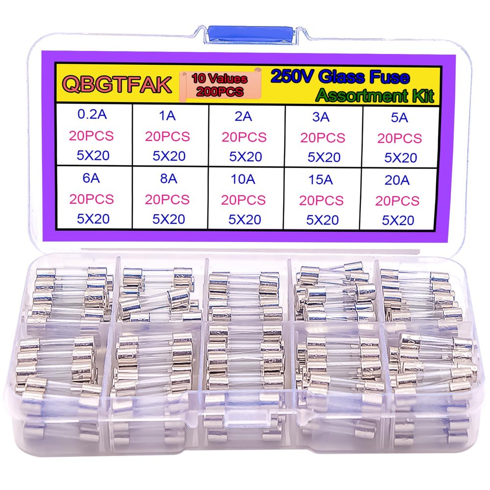 200pcs Quick Blow Glass Tube Fuse Assorted Kit Amp 250V 0.2A, 1A, 2A, 3A, 5A, 6A, 8A, 10A,15A,20A 5x20mm Ted Lele (5x20mm)