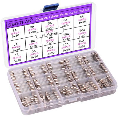 QBGTFAK 15 Values 250 pcs Fast-Blow Glass Fuses Assortment Kit 6x30mm 250V 1A, 2A, 3A, 5A, 6A, 7A, 8A, 10A, 15A,20A, 5x20mm, 250V 1A, 5A, 10A, 15A, 20A amp packag in a Clear Plastic Box