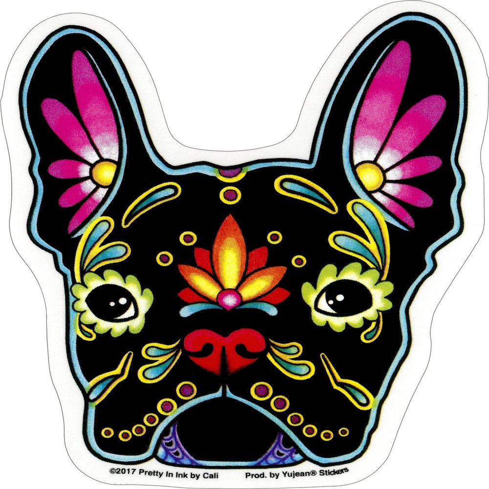 Cali French Bulldog, Sugar Skull Dog - 4.13" x 4.88" - Sticker DECAL