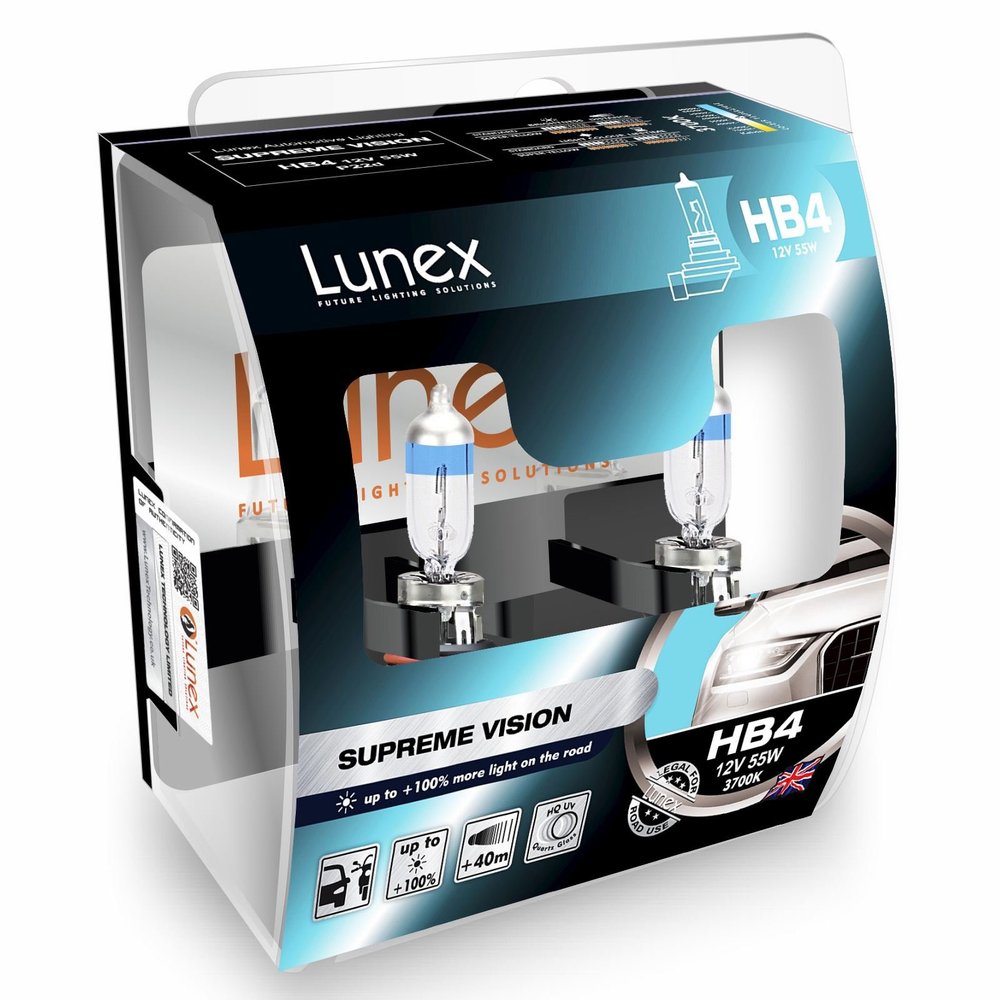 LUNEX HB4 9006 SUPREME VISION Headlight Halogen Bulbs 12V 55W P22d + 100% more light 3700K duobox (2 units)
