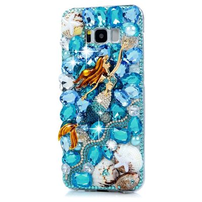 STENES Bling Case Compatible with Galaxy S8 Case - 3D Handmade Luxury Crystal Mermaid Starfish Shell Sparkle Rhinestone Cover Bling Case Compatible with Samsung Galaxy S8 - Blue