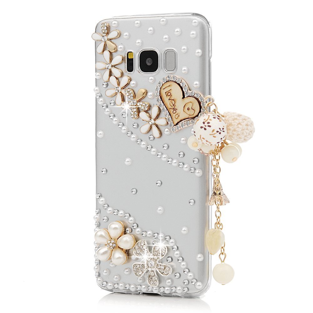 STENES Bling Case Compatible with Galaxy S8 Active Case - 3D Handmade Luxury Crystal Heart Pearl Pendant Flowers Floral Sparkle Rhinestone Cover - Gold